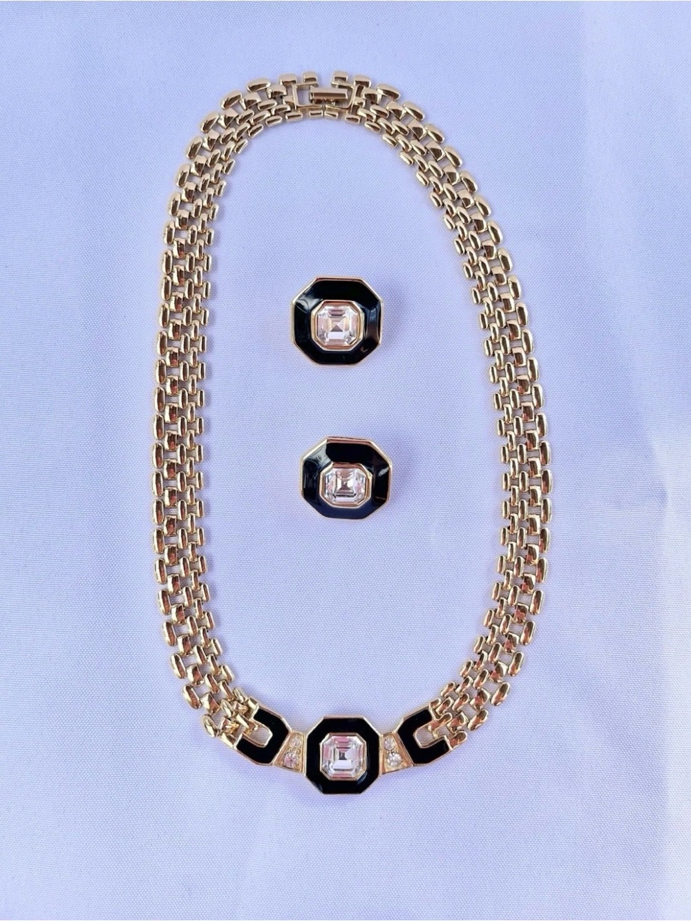 Trifari Gold and Black Necklace with Clear Center Stones and Matching Earrings